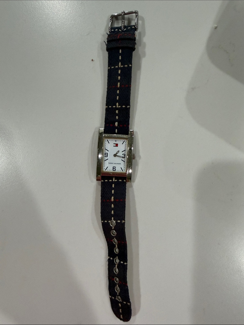 Tommy Hilfiger Navy Plaid Fabric Strap Rectangular Watch